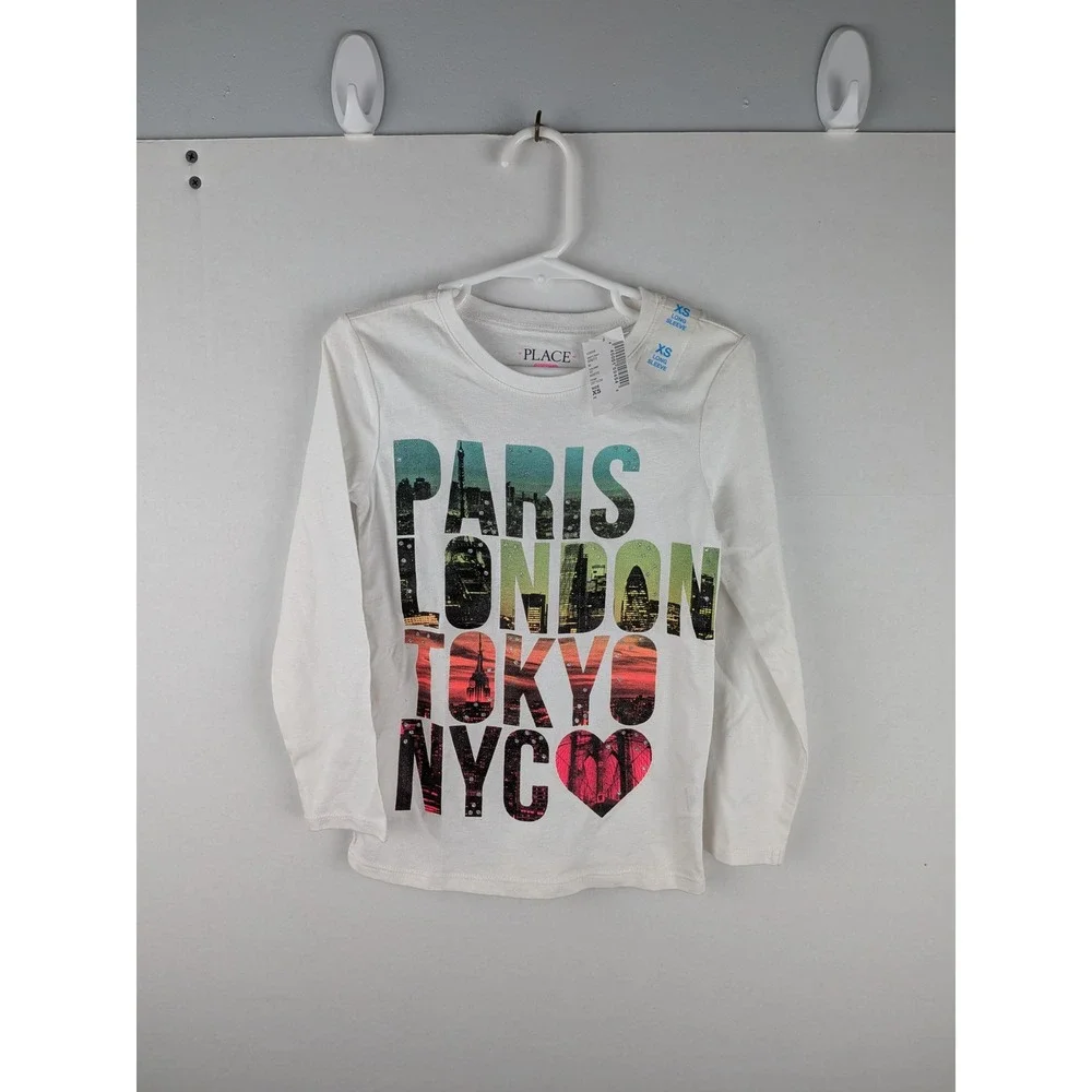The Childrens Place Kids XS White Paris London‎ Tokyo NYC Long Sleeve Shirt NWT
